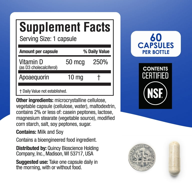 Supplement label with vitamin D and apoeququin, NSF certification logo, and a pill on a blue background.